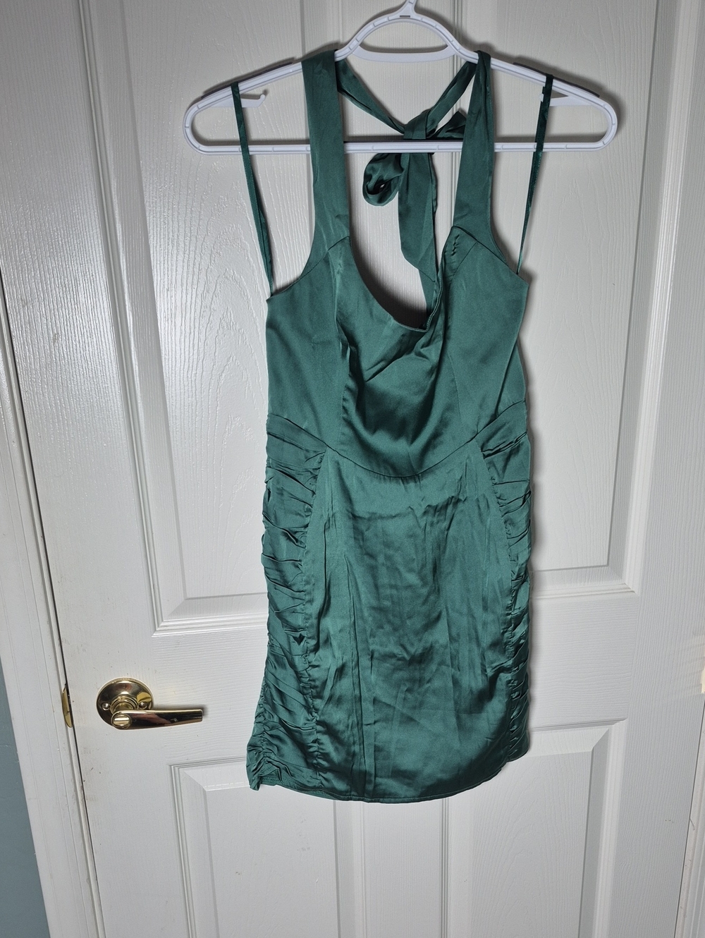 Teal Satin Mini Dress with Halter Tie